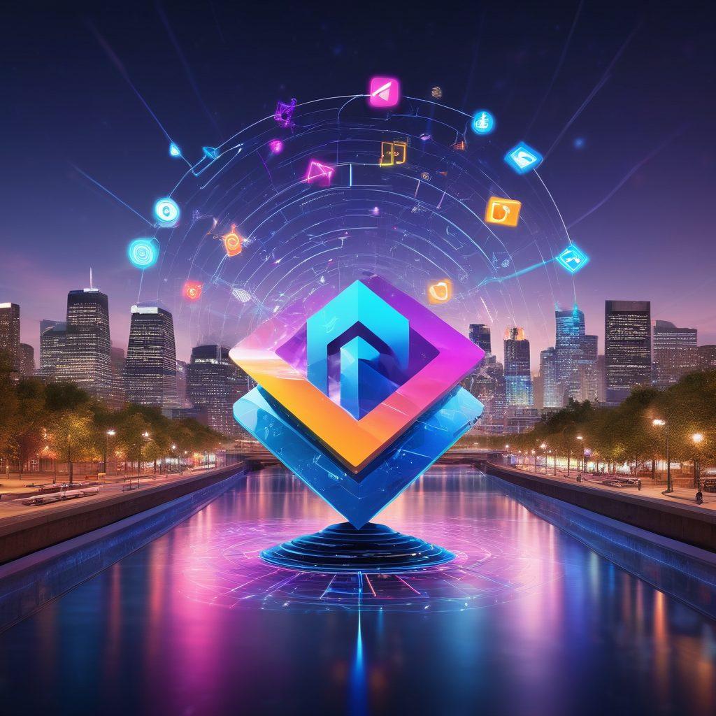 A vibrant digital collage featuring an illustrated torrent icon, intertwined with colorful file sharing symbols like folders and music notes. In the background, a network of interconnected nodes representing peers sharing files, with a vibrant cityscape skyline to symbolize entertainment options available through torrents. Bright neon colors to enhance the sense of technology and connectivity. super-realistic. vibrant colors. 3D.