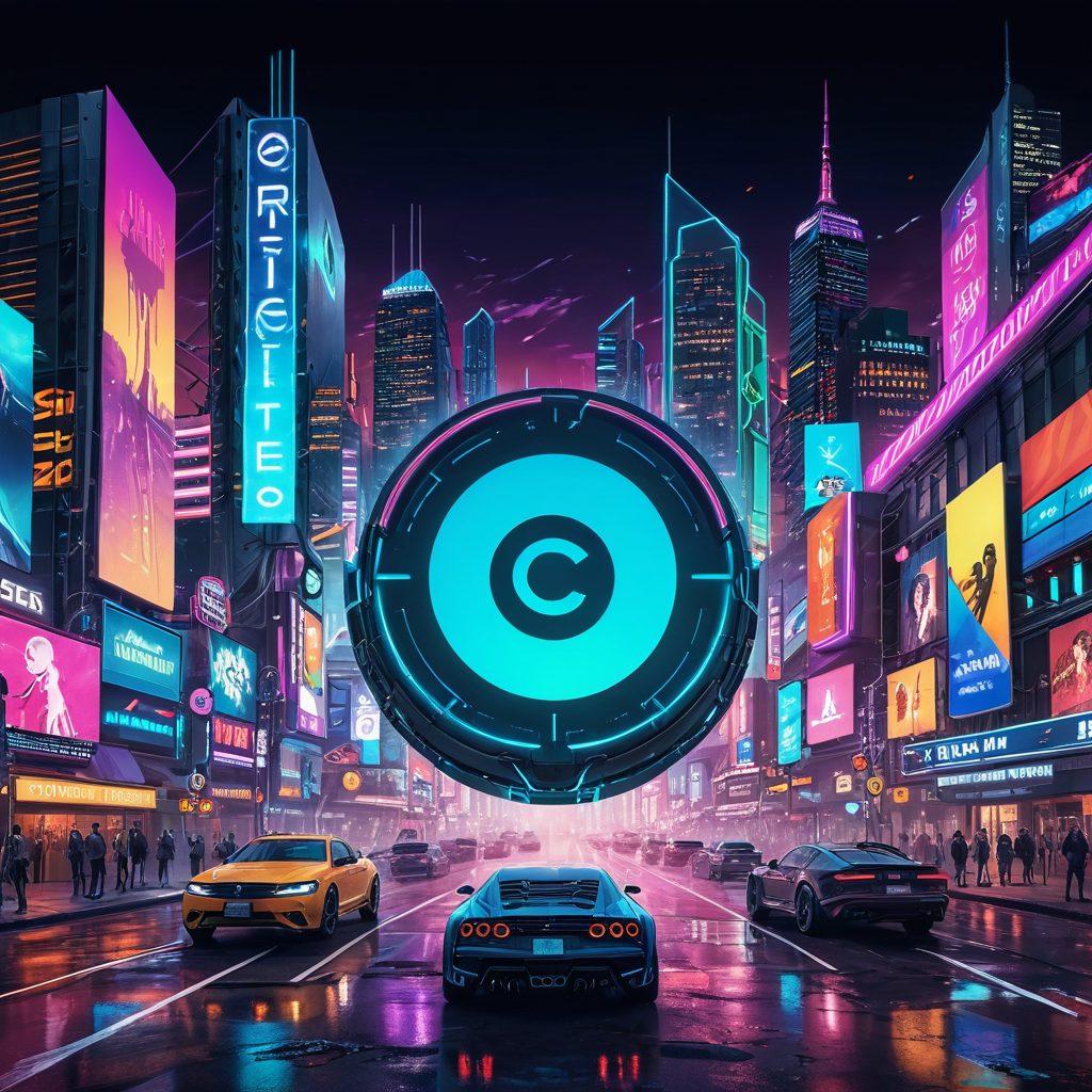 A dynamic collage illustrating the transition from digital downloads to streaming, showcasing a variety of entertainment content like movies, music, and games flowing from a torrent symbol into a vibrant streaming device. Include visual elements like download bars transforming into play buttons, digital waves connecting various screens, and colorful icons representing different genres of entertainment. Use a futuristic city skyline in the background to symbolize innovation. cyberpunk. vibrant colors. 3D.