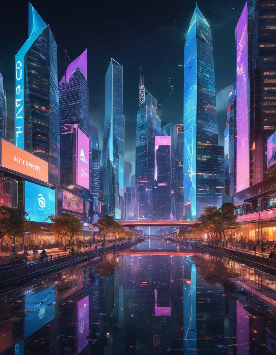 A dynamic digital landscape showcasing the Nutorrent logo at the center, surrounded by vibrant streams of data and multimedia icons representing movies, music, and games. Include elements like arrows symbolizing seamless media transfers flowing in all directions. Use a futuristic city skyline in the background, hinting at digital connectivity. The color palette should be bright with neon highlights. super-realistic. vibrant colors. 3D.